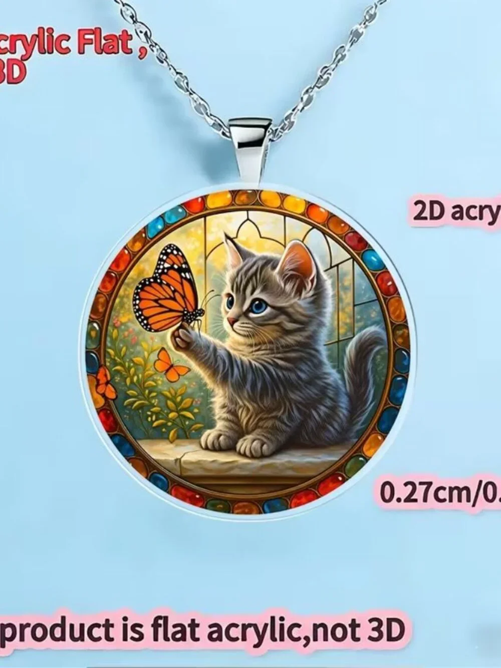 Round Acrylic KITTY CAT Pendant Necklace